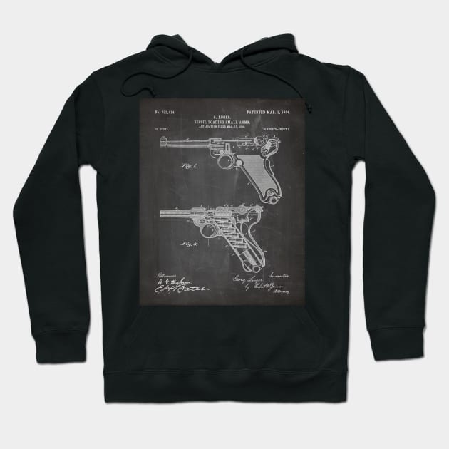 Luger Pistol Firearms Patent - Gun Lover Vintage Guns Art - Black Chalkboard Hoodie by patentpress